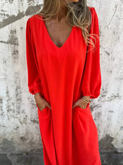 Maxi Dresses- Summer Loose V-Neck Tunic Maxi Dress with Long Sleeves- Orange Red- IndioGear Fashion and Gear