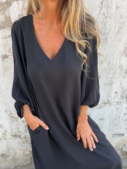 Maxi Dresses- Summer Loose V-Neck Tunic Maxi Dress with Long Sleeves- Black- IndioGear Fashion and Gear