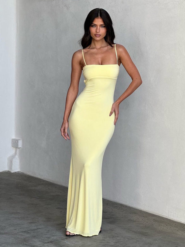 Maxi Dresses- Summer Party Solid Backless Cami Dress in Body-Hugging Style- - IndioGear Fashion and Gear