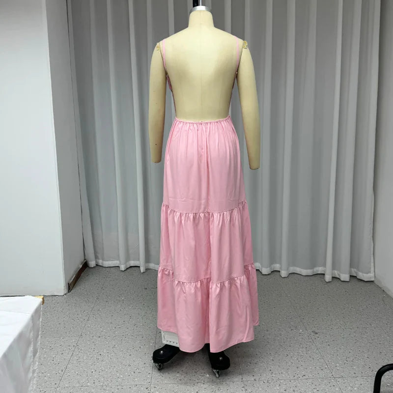 Maxi Dresses- Vacation Pink Backless Tiered Maxi Dress- - IndioGear.com