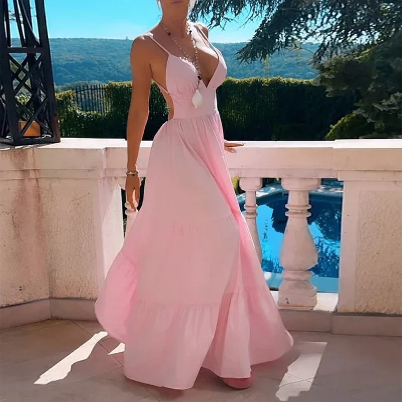 Maxi Dresses- Vacation Pink Backless Tiered Maxi Dress- - IndioGear.com