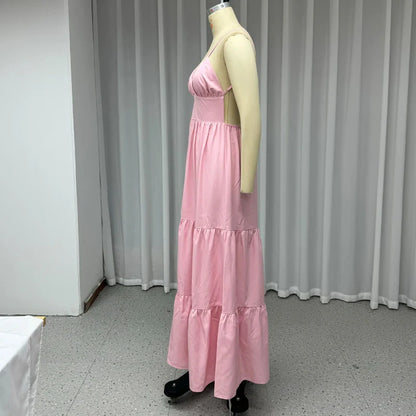 Maxi Dresses- Vacation Pink Backless Tiered Maxi Dress- - IndioGear.com