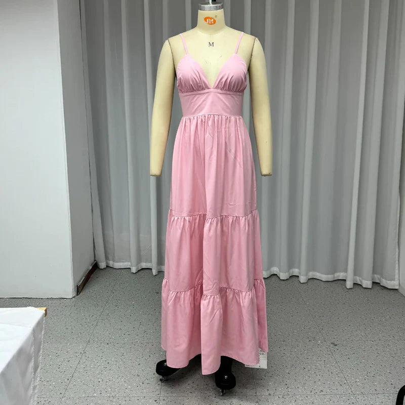 Maxi Dresses- Vacation Pink Backless Tiered Maxi Dress- - IndioGear.com