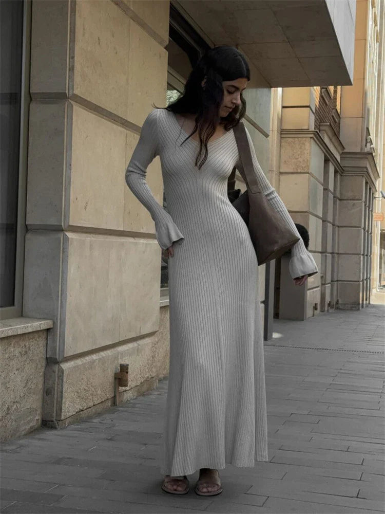 Maxi Dresses- Winter Casual Ribbed Knit Long Dress- - IndioGear.com