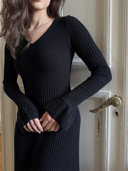 Maxi Dresses- Winter Casual Ribbed Knit Long Dress- - IndioGear.com