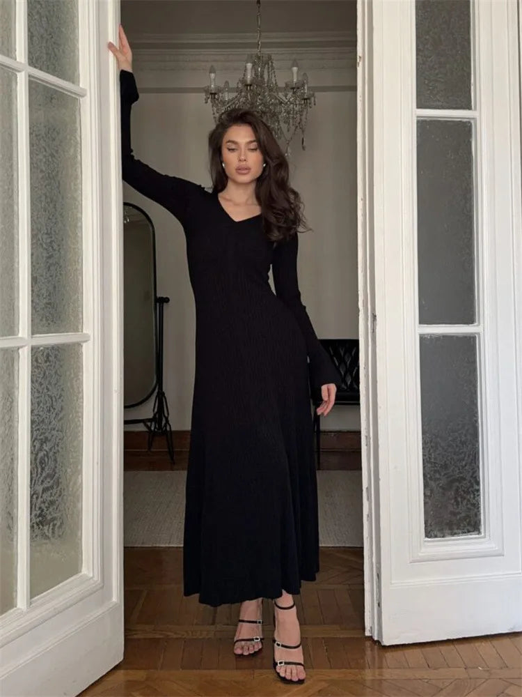 Maxi Dresses- Winter Casual Ribbed Knit Long Dress- Black- IndioGear.com