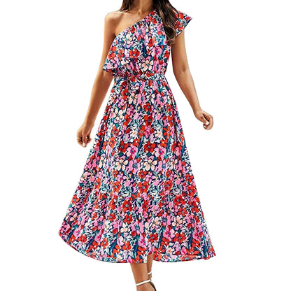 Maxi Dresses- Women Boho Floral One-Shoulder Belted Dress- Red- IndioGear.com