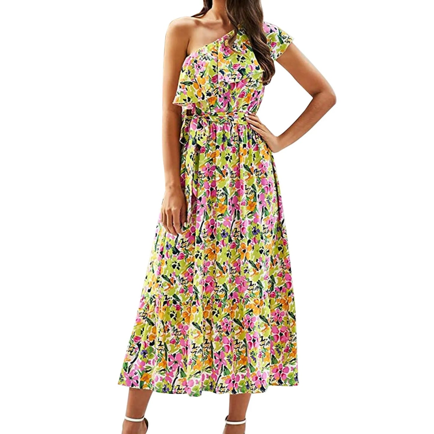 Maxi Dresses- Women Boho Floral One-Shoulder Belted Dress- - IndioGear.com