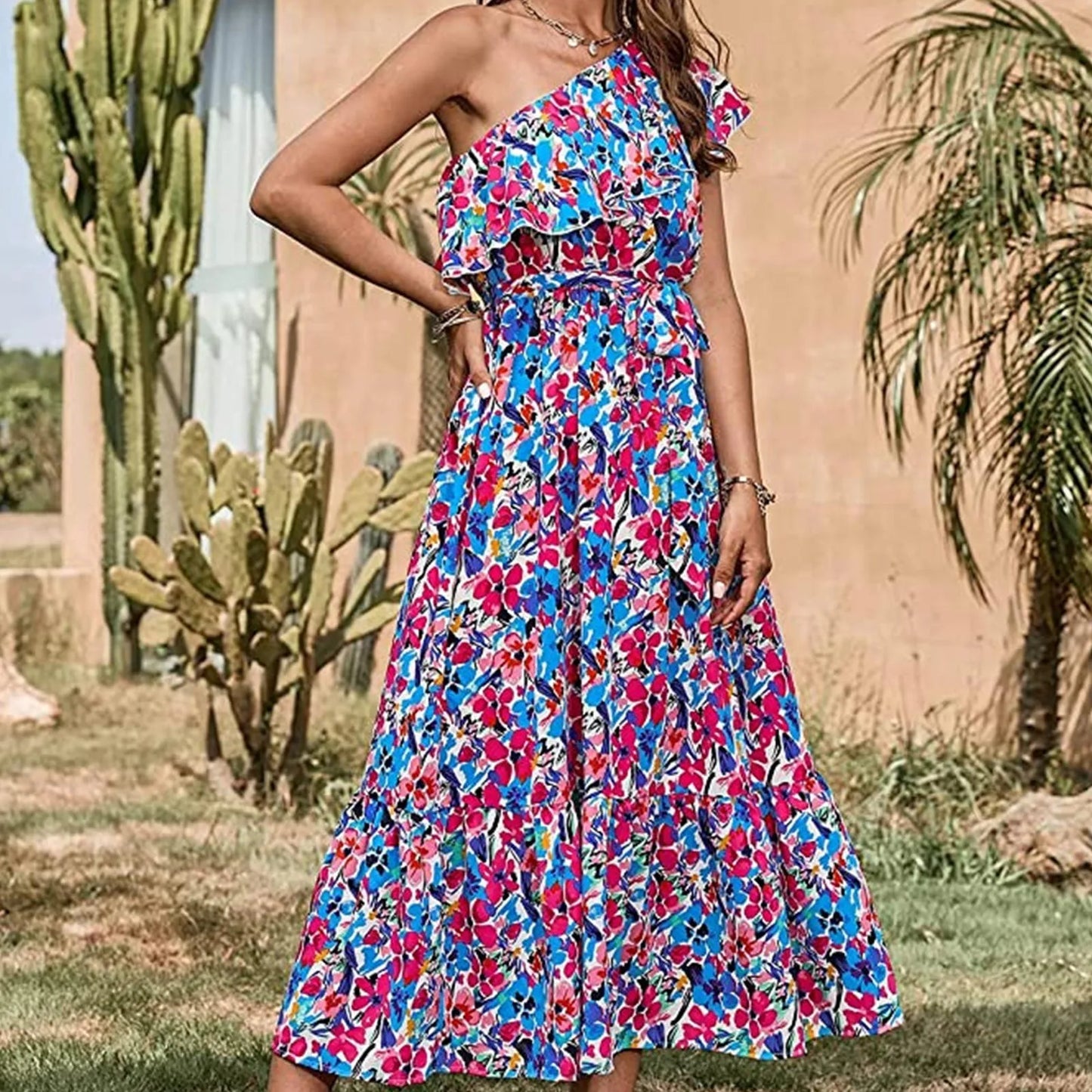 Maxi Dresses- Women Boho Floral One-Shoulder Belted Dress- Blue- IndioGear.com