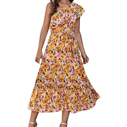 Maxi Dresses- Women Boho Floral One-Shoulder Belted Dress- Orange Pink- IndioGear.com