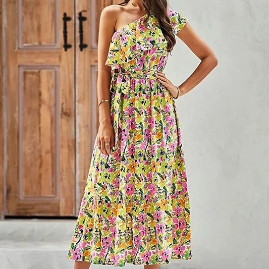 Maxi Dresses- Women Boho Floral One-Shoulder Belted Dress- Yellow- IndioGear.com