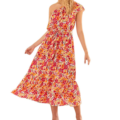 Maxi Dresses- Women Boho Floral One-Shoulder Belted Dress- Hot Pink- IndioGear.com