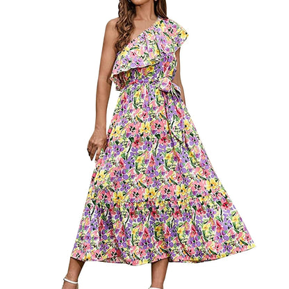 Maxi Dresses- Women Boho Floral One-Shoulder Belted Dress- Purple- IndioGear.com