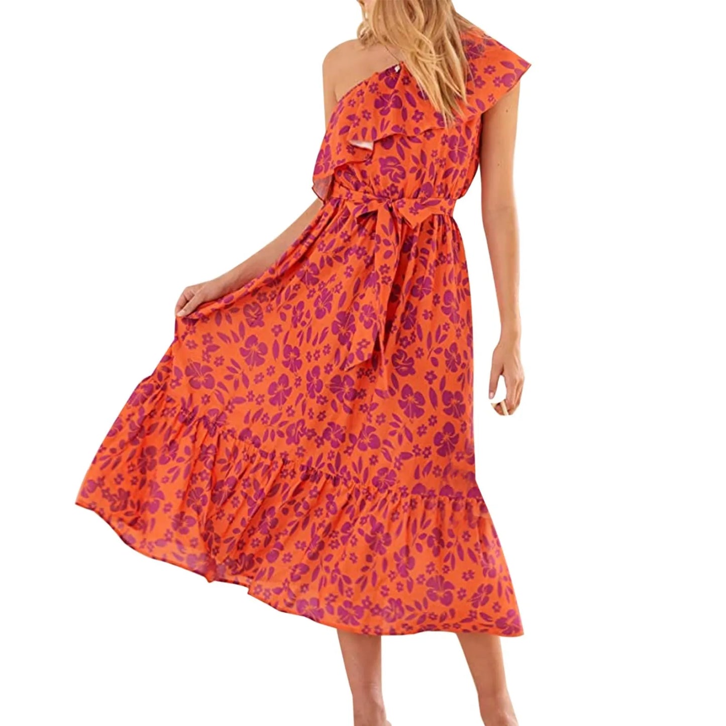 Maxi Dresses- Women Boho Floral One-Shoulder Belted Dress- Orange- IndioGear.com