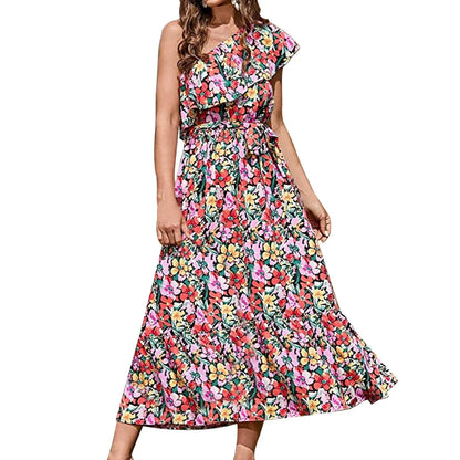 Maxi Dresses- Women Boho Floral One-Shoulder Belted Dress- Pink- IndioGear.com