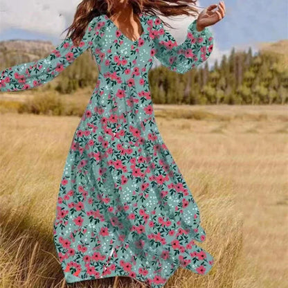 Maxi Dresses- Women Floral Long Dress for Day to Night- Turquoise- IndioGear.com