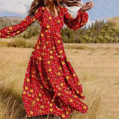 Maxi Dresses- Women Floral Long Dress for Day to Night- Red- IndioGear.com