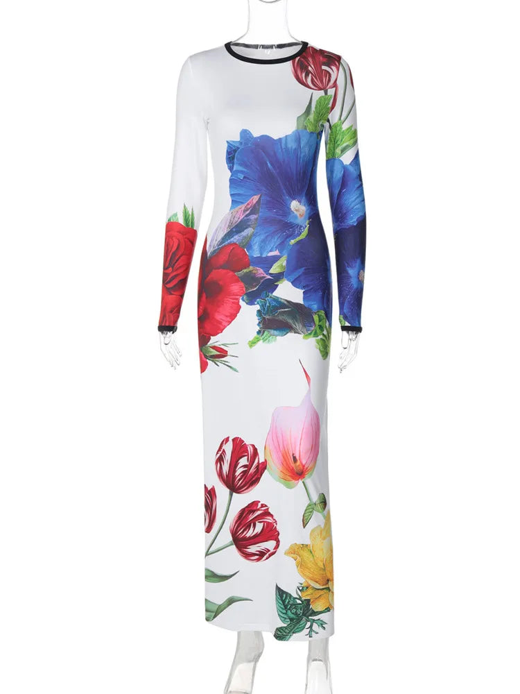 Maxi Dresses- Women Floral Long Dress for Special Occasions- White- IndioGear.com