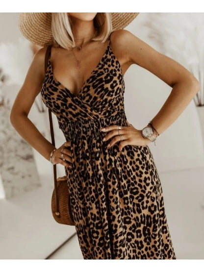 Maxi Dresses- Women's Maxi Dress with Flowing Leopard Print- - IndioGear.com