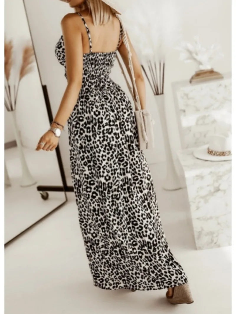 Maxi Dresses- Women's Maxi Dress with Flowing Leopard Print- - IndioGear.com