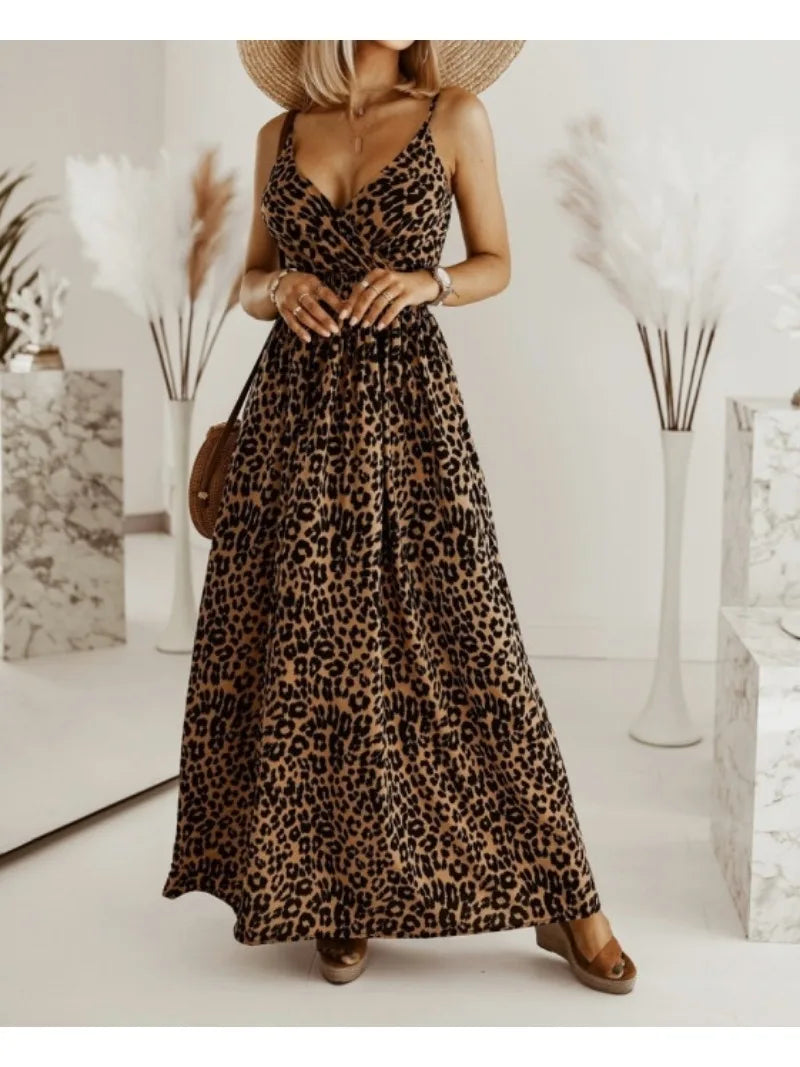 Maxi Dresses- Women's Maxi Dress with Flowing Leopard Print- - IndioGear.com