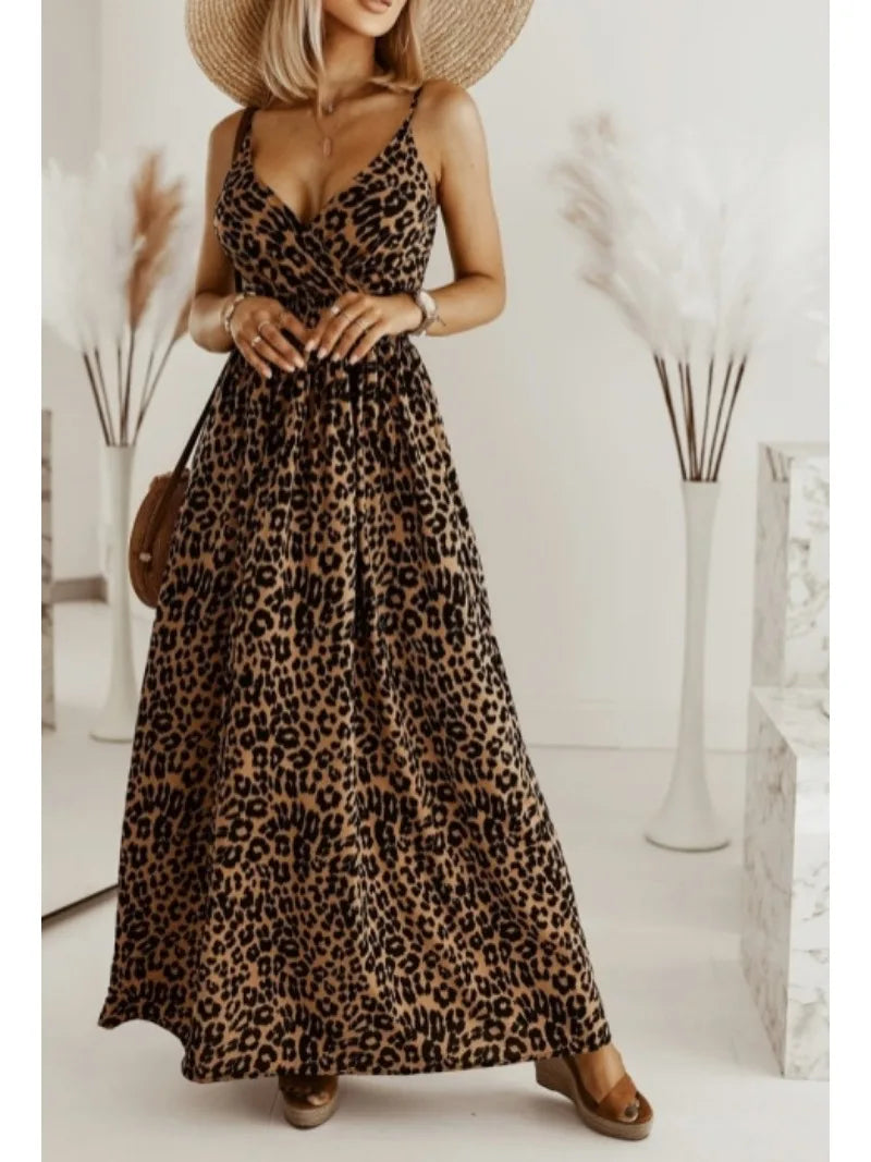 Maxi Dresses- Women's Maxi Dress with Flowing Leopard Print- - IndioGear.com