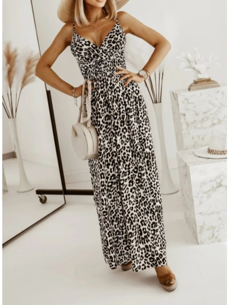 Maxi Dresses- Women's Maxi Dress with Flowing Leopard Print- Gray- IndioGear.com