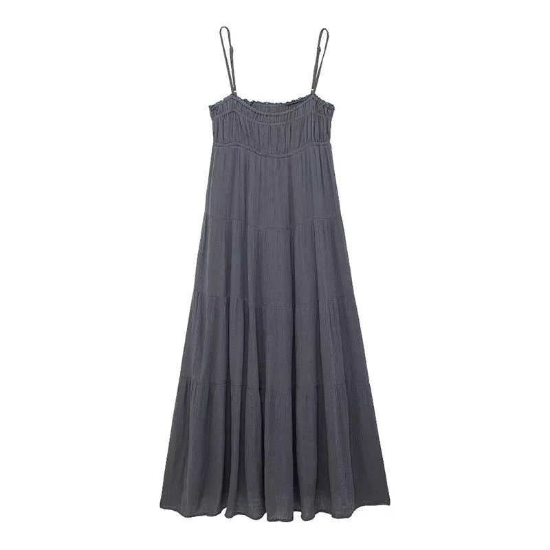 Maxi Dresses- Women Free-flowing Textured Tiered Maxi Dress- Gray- IndioGear.com