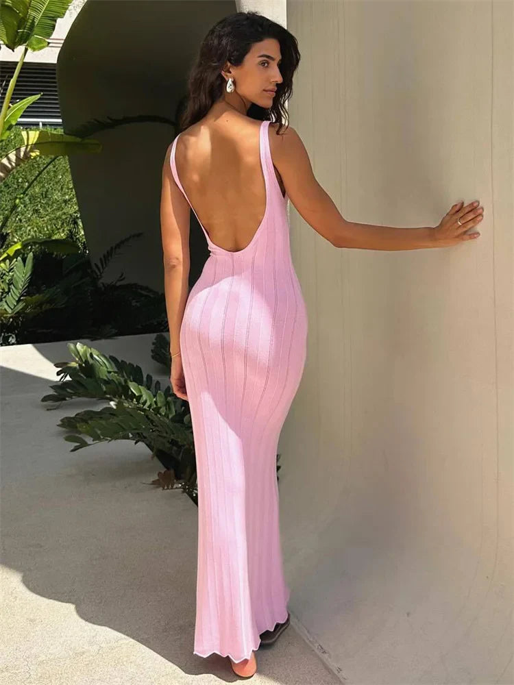 Maxi Dresses- Women Knitting Cocktail Beach Maxi Dress with See-Through Accents- - IndioGear.com