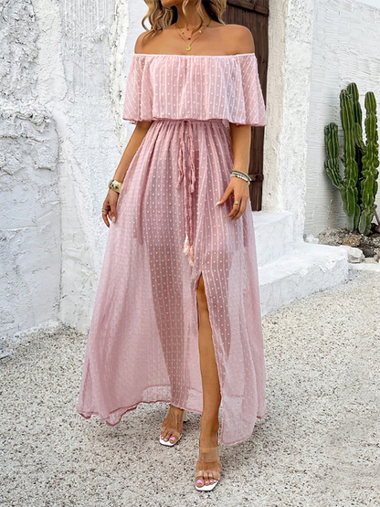 Maxi Dresses- Women Off-Shoulder Maxi Dress with Swiss Dot Overlay- Pink- IndioGear.com