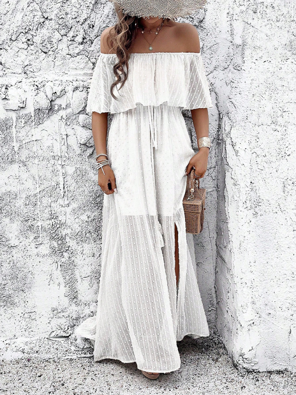 Maxi Dresses- Women Off-Shoulder Maxi Dress with Swiss Dot Overlay- - IndioGear.com