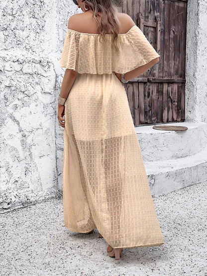 Maxi Dresses- Women Off-Shoulder Maxi Dress with Swiss Dot Overlay- - IndioGear.com