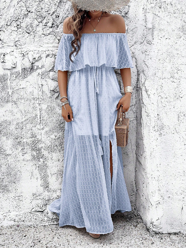 Maxi Dresses- Women Off-Shoulder Maxi Dress with Swiss Dot Overlay- - IndioGear.com