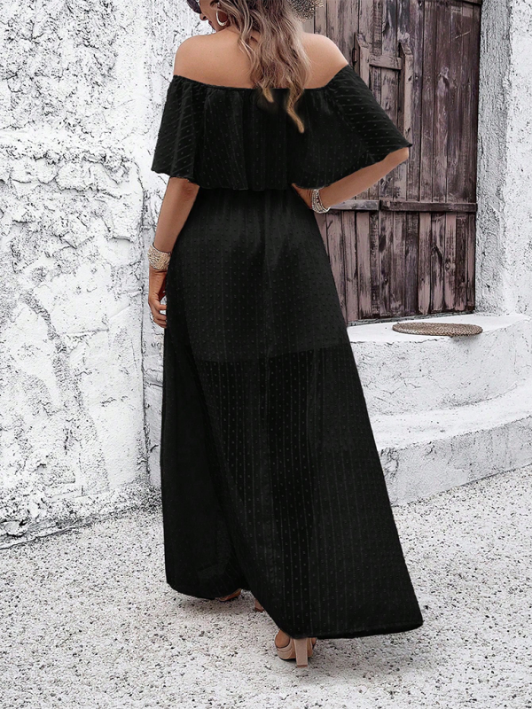 Maxi Dresses- Women Off-Shoulder Maxi Dress with Swiss Dot Overlay- - IndioGear.com