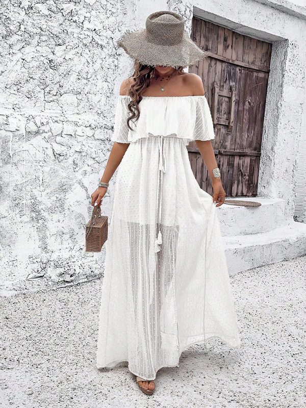 Maxi Dresses- Women Off-Shoulder Maxi Dress with Swiss Dot Overlay- - IndioGear.com