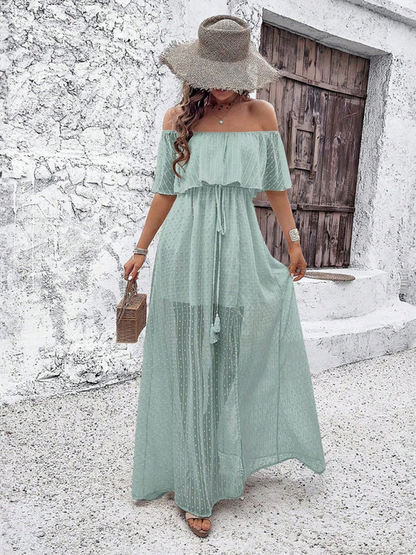 Maxi Dresses- Women Off-Shoulder Maxi Dress with Swiss Dot Overlay- - IndioGear.com