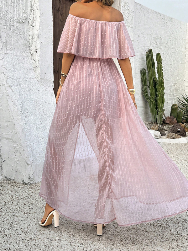 Maxi Dresses- Women Off-Shoulder Maxi Dress with Swiss Dot Overlay- - IndioGear.com