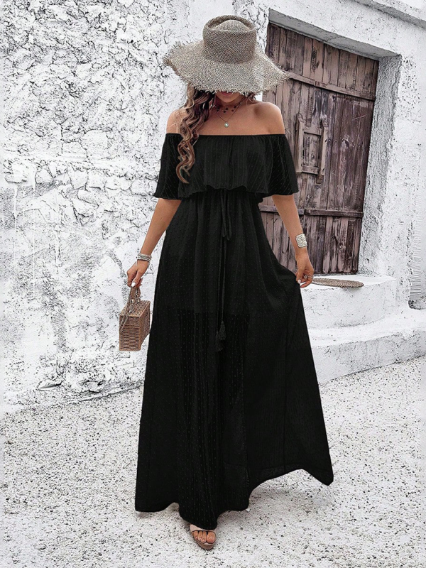 Maxi Dresses- Women Off-Shoulder Maxi Dress with Swiss Dot Overlay- - IndioGear.com