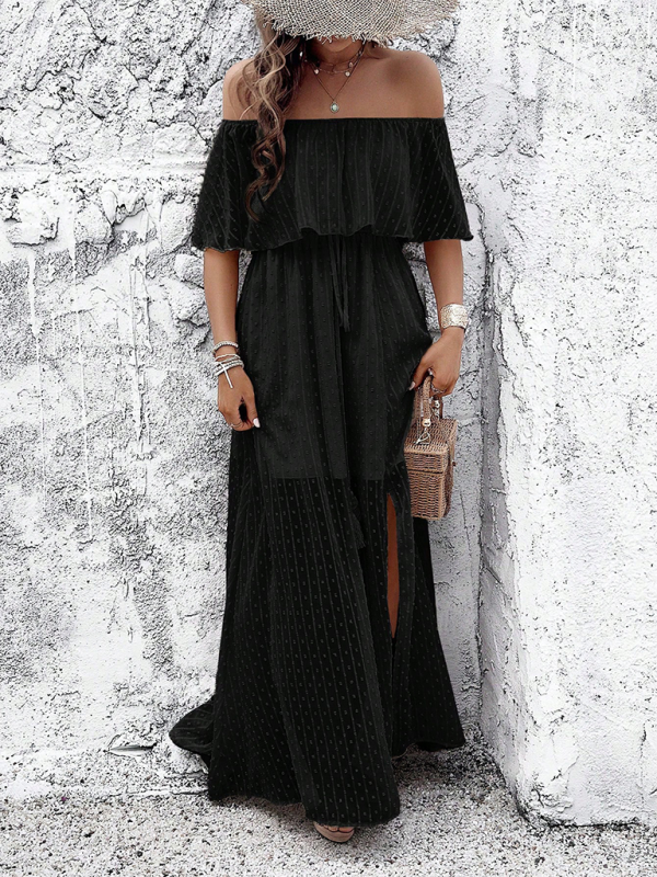 Maxi Dresses- Women Off-Shoulder Maxi Dress with Swiss Dot Overlay- - IndioGear.com