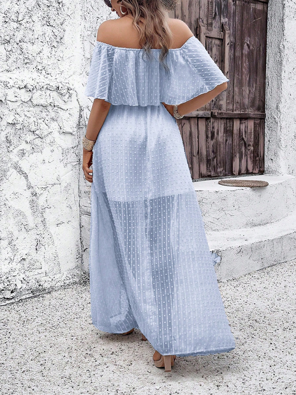 Maxi Dresses- Women Off-Shoulder Maxi Dress with Swiss Dot Overlay- - IndioGear.com