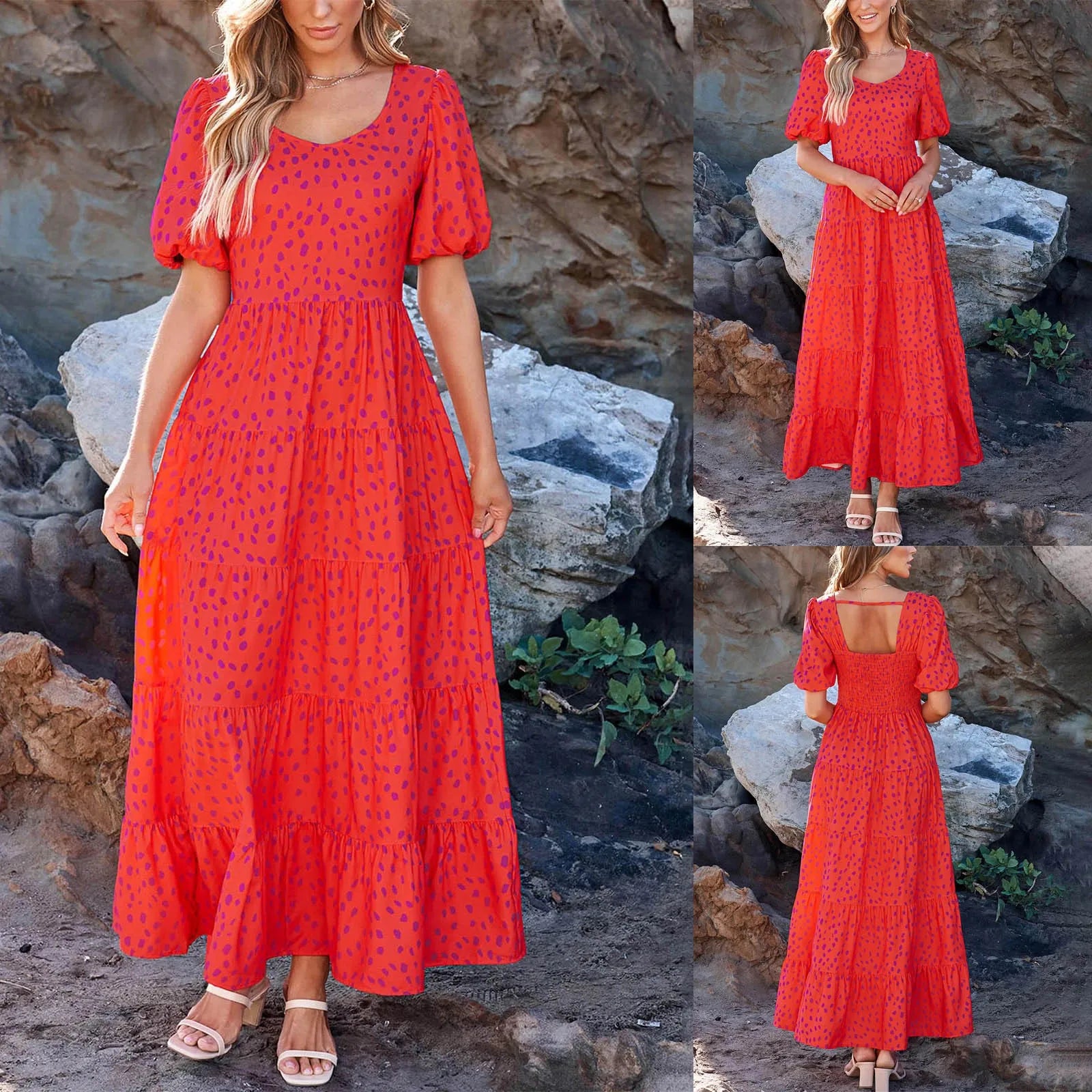 Maxi Dresses- Women's Vibrant Dotty Print A-Line Maxi Dress for Family Gatherings- - IndioGear.com