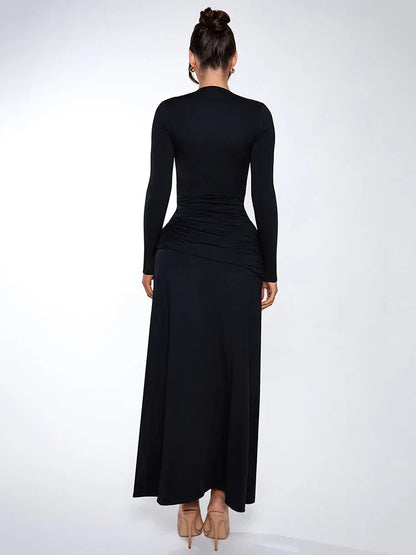 Maxi Gown- Elegant Black Formal Dress – Plunge Neck & High Slit- - IndioGear Women Clothing