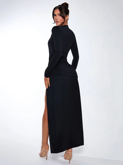 Maxi Gown- Elegant Black Formal Dress – Plunge Neck & High Slit- - IndioGear Women Clothing