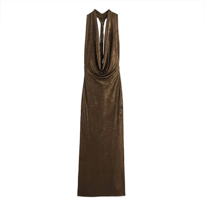 Maxi Gown- Glittery Plunging Cowel Neck Backless Sling Ultra Ruched Fashion Maxi Dress- Cocoa Brown- IndioGear Women Clothing