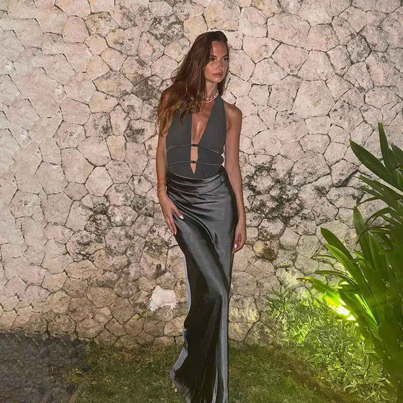 Maxi Gown- Halter Heroine Backless Maxi Dress- Gray- IndioGear Women Clothing