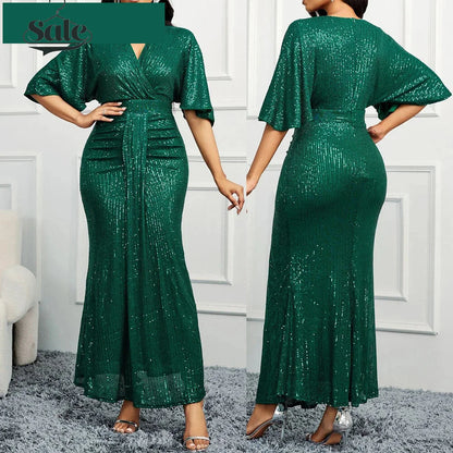 Maxi Gown- Prom Ready Batwing Maxi with Sequin Shine- Green- IndioGear Women Clothing