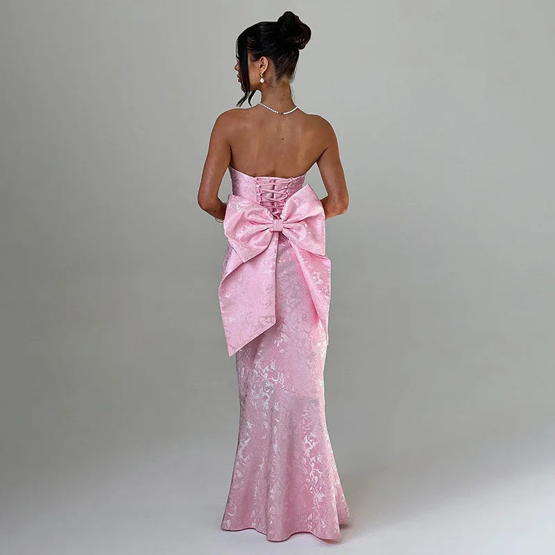 Maxi Gown- Romantic Jacquard Bow Back Gown- - IndioGear Women Clothing