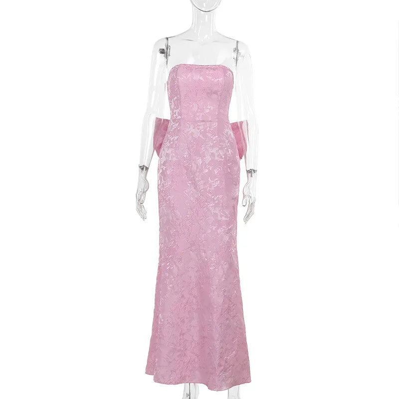 Maxi Gown- Romantic Jacquard Bow Back Gown- Pink- IndioGear Women Clothing