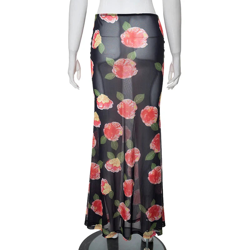 Maxi Skirts- Boho Mesh Mermaid Maxi Skirt - Floral Trumpet Style- - IndioGear Fashion and Gear