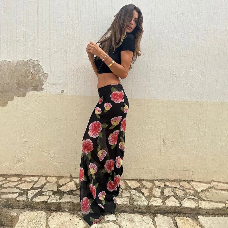 Maxi Skirts- Boho Mesh Mermaid Maxi Skirt - Floral Trumpet Style- - IndioGear Fashion and Gear